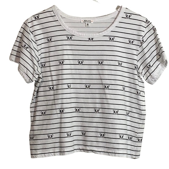 MESSY BUN JUST CHILLIN - CROP STRIPED SHORT SLEEVE TEE - WHITE BLK STRIPES B9 - Picture 1 of 7